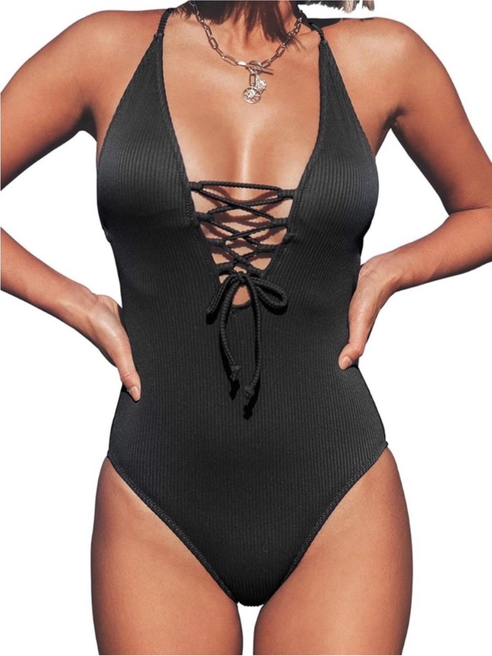 Cupshe NWT L Black Lace-Up Ribbed LOW STRAPPY BACK SEXY One-Piece Swimsuit